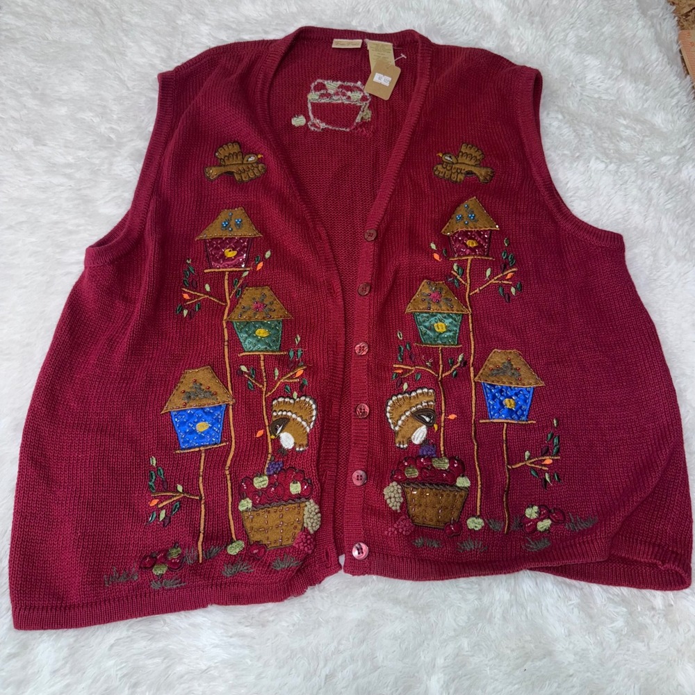 Bobbie Brooks Woman Burgundy Embroidered Turkey Birdhouse Vest Sweater S‎ 28W